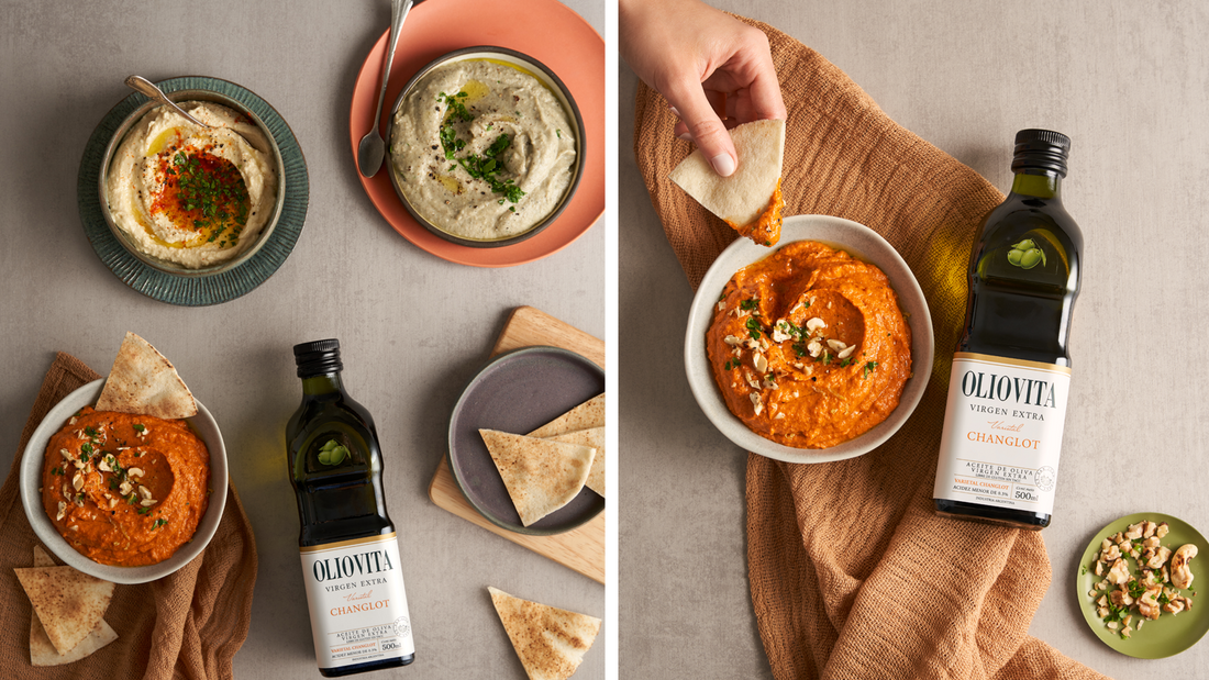 Trío de dips: hummus, romesco y babaganush